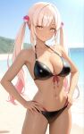  1girl ai_generated beach big_breasts bikini black_bikini blonde_hair breasts cleavage dark-skinned_female female_only hair_accessory hair_ornament hands_on_hips hands_on_own_hips hololive hololive_english hololive_english_-council- long_hair outside smile solo_female tsukumo_sana twin_tails virtual_youtuber vtuber yellow_eyes 