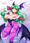 1girl aqua_hair bat big_breasts blush breasts capcom darkstalkers hair long_hair morrigan_aensland ryoi wings yellow_eyes