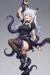 1girl 1monster big_breasts black_collar black_shirt black_shoes black_shorts black_stockings blush breasts cat_ears cat_girl cat_tail closed_eyes clothed clothed_female collar fishnet_armwear indie_virtual_youtuber long_hair lusty_lynx monster_on_female shirt shoes short_shorts stockings tentacle tentacle_around_waist tentacle_bondage tentacles_around_arms tentacles_around_legs virtual_youtuber vtuber white_hair