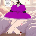  1girl absurd_res animal_ears barefoot bed bedroom big_breasts black_hair bowtie breasts chat_box cleavage clothing crossed_legs crossgender dress fat feet female female_only genderswap genderswap_(mtf) gigantic_breasts headwear high_res holding_cup holding_object huge_breasts human indoors les_ratz long_hair looking_at_viewer messy_hair murid murine nails on_bed open_mouth petals pillow purple_clothing rapido_(ratz) rat rat_girl ratz_(series) red_nails robe rule_63 sitting smile solo speech_bubble sunglasses sunglasses_on_head teacup text toenail_polish toenails toes very_long_hair window 