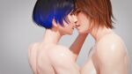  2_girls 3d black_hair blender brown_eyes brown_hair forsavide kazama_asuka kissing looking_at_viewer purple_highlights reina_mishima saliva short_hair sideboob tekken tekken_8 yuri 