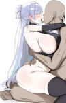  1boy 1girl absurd_res areola_slip arm_around_neck ass b4_(yonten) black_thighhighs blush breast-to-pectoral_docking breast_press breasts closed_eyes commentary_request curvy faceless faceless_male french_kiss from_side goddess_of_victory:_nikke hetero high_res huge_breasts hugging indian_style kissing long_hair mole mole_on_breast nayuta_(nikke) sex shiny_skin sideboob sitting stockings straddling sweat tongue tongue_out upright_straddle very_sweaty white_background white_hair 