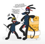 2026 angry anthro black_body black_fur blush cheese clothing comparing comparing_penis dairy_products duo eyewear eyewear_on_head food french_text genital_fluids genitals gloves goggles goggles_on_headwear handwear hat headgear headwear hi_res les_ratz looking_at_another male male/male male_only mammal manchotchaud murid murine penis rapido_(ratz) rat ratz_(series) razmo_(ratz) rodent simple_background size_difference solo sunglasses sunglasses_on_head tail talking_to_another teasing text translated wearing_glasses