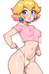  1girl ai_generated blonde_hair blue_eyes blush bow bow_panties breasts crop_top earrings female_only lipstick mario_(series) nintendo nipples panties partially_clothed pink_crop_top princess_peach see-through_shirt short_hair small_breasts solo_female ultimate_waifu_project white_panties yellow_bow 