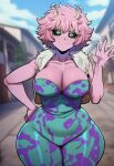 ai_generated antennae bare_thighs black_eyes boku_no_hero_academia gigantic_breasts grin huge_breasts huge_thighs looking_at_viewer massive_breasts mina_ashido my_hero_academia pink_body pink_hair pink_skin short_hair solo_female thick_body thick_female thick_thighs thighs voluptuous voluptuous_female yellow_pupils