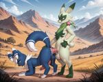  2_tails 2_toes 3_fingers 3_toes ai_generated all_fours anal anal_penetration animal_genitalia animal_penis anthro anthro_on_anthro anthro_penetrated anthro_penetrating anthro_penetrating_anthro ass balls big_balls big_penis big_tail blue_body blue_fur blue_sclera blush blush_lines bodily_fluids claws cloud cum cum_in_ass cum_inside cum_on_balls cum_on_body cum_on_butt cum_on_ground cum_on_penis day duo fangs feet felid feline feline_genitalia feline_penis fingers floragato fluffy_(artist) fluffy_tail fur generation_6_pokemon generation_9_pokemon genital_fluids genitals green_body green_eyes green_fur high_res huge_balls huge_penis long_ears looking_at_another looking_at_partner male male/male mammal meowstic mountains mouth_closed multi_tail neck_tuft nintendo open_mouth outside_sex penetration penile penile_penetration penile_spines penis penis_in_ass plains pokemon pokemon_(species) red_eyes sex sheath smile snout standing tail teeth toes tongue tongue_out tuft white_body white_fur yiff_ai_(director) 