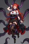 1girl 1monster ai_generated bare_shoulders black_garter_straps black_headband black_high_heels black_ribbon black_skirt black_stockings blouse blush breasts cleavage closed_eyes clothed clothed_female ember_paradox garter_straps headband high_heels human/monster indie_virtual_youtuber large_breasts long_hair monster_on_female multicolored_skirt red_hair red_rose red_skirt ribbon rose skirt stockings tentacle tentacle_around_arm tentacle_around_leg tentacle_around_neck tentacle_around_waist tentacle_bondage virtual_youtuber vtuber white_blouse