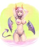 1girl big_breasts bow_(bhp) breasts cute demon_girl hair horns nipples original pink_hair short_hair smile tail topless wings