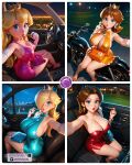  4girls ai-generated ai_generated big_breasts blonde_hair blue_dress blue_eyes brown_hair crown detruvius female_focus heels jewelry lips looking_at_viewer makeup mario_(series) micro_dress motorcycle multiple_girls night night_sky nintendo panels pauline pink_dress princess_daisy princess_peach princess_rosalina red_dress sitting vehicle_interior yellow_dress 