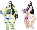 2_girls black_hair crossover earrings embarrassed green_hair green_skin hooker lily_munster lingerie morticia_addams sundown surprised the_addams_family the_munsters voluptuous voluptuous_female white_hair