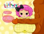  1boy 1girl 2016 artist_signature balls big_balls big_breasts big_penis bitty_buttons black_bow blush breasts clothed clothed_female clothed_female_nude_male crumbs_sugar_cookie dark-skinned_female dark_skin dialogue doll doll_girl female huge_breasts huge_cock huge_penis imminent_sex lalaloopsy logo looking_down male male/female mga_entertainment muscular muscular_male nude nude_male penis pink_hair short_hair speech speech_bubble tasteofchoklit text 