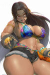  1girl abs bandai_namco big_breasts bikini bikini_top_only breasts commentary_request dark-skinned_female dark_skin fighting_game fingerless_gloves floral_print floral_print_bikini gloves long_hair miary_zo micro_shorts muscular muscular_female namco namco_bandai open_fly open_mouth padded_gloves print_bikini shorts swimsuit tekken tekken_8 thick_thighs thighs twitter very_long_hair video_game_character video_game_franchise video_games yotastar 