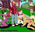 1girl 2014 2016 abs absurd_res anthro anthrofied applejack_(mlp) ball_gag barn big_macintosh_(mlp) bridle cheerilee_(mlp) clothing collar cutie_mark earth_pony english_text equine fall_of_equestria fence friendship_is_magic furry gag group high_res horse kneel male mammal muscular my_little_pony nude outside pony poprocks pussy rose_(mlp) shackles slave text tree well wheat