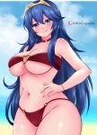 1girl alluring big_breasts bikini blue_eyes blue_hair blush bracelet choker cleavage cloud collarbone fire_emblem fire_emblem_awakening fire_emblem_warriors hand_on_own_hip headpiece heart heart_choker heart_o-ring intelligent_systems jewelry long_hair looking_at_viewer lucina lucina_(fire_emblem) navel nintendo o-ring o-ring_bikini red_bikini sidelocks sky smile standing sugarbell swimsuit under_boob wide_hips