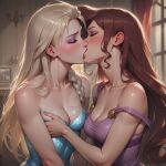  2_girls alternate_costume alternate_hairstyle arm_at_side arms_at_sides bare_arms bare_shoulders blonde_female blonde_hair blue_dress blue_nails blush bopitphy braid breast_grab breasts brown_hair cleavage closed_eyes collarbone company_connection couple crossover disney disney_princess dress duo elsa elsa_(frozen) eyeshadow female/female female_only frozen_(film) hair_down hand_up hercules hercules_(1997_film) hercules_(disney) kissing lips lipstick long_hair love makeup medium_breasts megara multiple_girls mutual_yuri nail_polish neck off_shoulder purple_dress purple_eyeshadow queen red_lipstick romantic romantic_couple sleeveless sleeveless_dress small_breasts straight_hair strap_slip strapless strapless_dress tied_hair yuri 