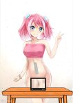 1girl belly_button blue_eyes covered_breasts legs pink_hair smile table tape tv yu-gi-oh!_arc-v zuzu_boyle