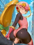 1boy 1girl ai-generated ai_generated ass big_ass blonde_hair capcom city cum cum_in_pussy cum_inside green_eyes helmet latex_suit long_hair mega_man mega_man_battle_network one_eye_closed outside ponytail public_sex ribbon rockman rockman_exe roll.exe small_breasts vaginal vaginal_penetration vaginal_sex wink younger_female