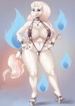  1girl big_ass big_breasts bikini cute deadpliss dragon dragon_girl fire fluffy_tail long_hair necklace platform_shoes ponytail ponytails posing reshiram seductive sexy sling_bikini smile tail thick_ass thick_legs white_hair white_skin 