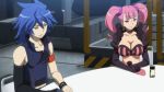 1boy 1girl amara_(captain_earth) anime babe big_breasts blue_hair breasts captain_earth chair choker cleavage couple earrings jewelry long_hair moco_(captain_earth) pink_hair purple_eyes sitting smile striped table twin_tails yellow_eyes