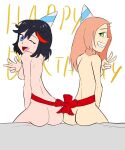 1girl 2_girls 5_fingers asian asian_female ass birthday_hat black_hair blue_eyes breasts bubble_ass bubble_butt completely_naked completely_nude english_text fat_ass female_only green_eyes huge_ass indoors kill_la_kill long_hair looking_at_viewer matoi_ryuuko multiple_females multiple_girls naked_female nipples nude nude_female one_eye_closed open_mouth original_character peace_sign pink_hair red_highlights ribbon sharp_teeth sitting studio_trigger teeth text thick_ass tongue upper_teeth
