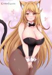  1girl alluring animal_ears big_breasts black_bow black_bowtie black_leotard blonde_hair blush bow bowtie brown_pantyhose cat_ears cat_girl cat_tail cleavage collarbone detached_collar grey_background heart leotard light_particles long_hair looking_at_viewer mythra_(xenoblade) nintendo nontraditional_playboy_bunny pantyhose playboy_bunny smile standing sugarbell tail thick_thighs thighs wide_hips wrist_cuffs xenoblade_(series) xenoblade_chronicles_2 yellow_eyes 