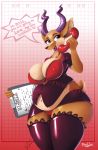 1girl 2016 antelope anthro antlers belly between_breasts big_breasts blue_eyes breasts cleavage clipboard clothed clothing don_ko eyelashes food fruit furry gazelle heart horn legwear mammal midriff navel nipple_bulge pear_(don_ko) phone skimpy slightly_chubby stockings wide_hips