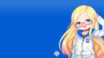 1girl 1girl :3 :d animal_ears arm_at_side blonde_hair blue_background blue_eyes blush born-to-die collarbone cowboy_shot emblem gelbooru gelbooru-tan glasses gradient_hair hand_up happy high_res hood hood_down hoodie jacket long_hair long_sleeves looking_at_viewer mascot multicolored_hair official_art open_mouth orange_hair personification pink-framed_eyewear red-framed_eyewear semi-rimless_eyewear sidelocks simple_background sleeves_past_wrists small_breasts smile standing swept_bangs tail under-rim_eyewear v very_long_hair zipper