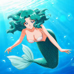  1girl adult_swim alluring big_breasts bishoujo_senshi_sailor_moon bishoujo_senshi_sailor_moon_s bishoujo_senshi_sailor_moon_s_the_movie bishoujo_senshi_sailor_moon_supers bishoujo_senshi_sailor_moon_supers_the_movie blue_eyes cleavage mermaid michiru_kaiou teal_hair toei_animation toonami underwater viz_media wolf_(artist) 