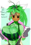  1girl abs artist_request big_breasts blaster_master_zero blush breasts cleavage clothed clothes clothing dialogue english_text female female_only fishnet flower gloves green_body half-closed_eyes huge_breasts kanna_(blaster_master) looking_at_viewer monster_girl plant plant_girl simple_background simple_eyes suggestive tank_top text undressing 