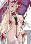  1girl 1girl belly belly_button big_breasts big_breasts black_clothing black_slingshot_swimsuit black_swimsuit blonde_hair blush blush_lines bow bowtie breasts breasts_apart breasts_bigger_than_head choker cleavage frilled_hat frills grin hair_bow hair_on_breasts hair_ribbon half-closed_eyes hat hat_ribbon headwear holding holding_object holding_umbrella huge_breasts light_blush long_hair long_sidelocks looking_at_viewer mob_cap momendoufu navel one-piece_swimsuit red_eyes ribbon ribbon_choker scrunchie scrunchie_on_wrist sideboob sidelocks slingshot_swimsuit smile smiley_face smiling_at_viewer solo_female solo_focus stockings stomach swimsuit swimwear thick_thighs thighs touhou umbrella white_scrunchie white_thighhighs wide_hips wide_thighs yukari_yakumo 