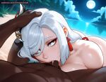 1boy1girl 1girl ai_generated ass beach curvy curvy_female curvy_figure dark-skinned_male dark_skin fellatio fellatio genshin_impact long_hair night nude sex shenhe_(genshin_impact) silver_hair