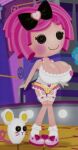  1girl ai_generated big_breasts bitty_buttons black_bow black_eyes blush breasts bursting_breasts button_eyes cleavage clothing creamcherrypieai_(artist) crumbs_sugar_cookie doll edited_screencap eyelashes female female_only garter_belt garter_straps hair_bow hair_ornament hairbow heart huge_breasts lalaloopsy light-skinned_female light_skin lingerie living_doll mga_entertainment mouse murid murine pink_footwear pink_hair ragdoll short_hair smile socks solo underwear 