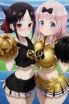  2_girls asymmetrical_docking big_breasts black_hair blacked_clothing blue_eyes breasts cheerleader cheerleader_outfit cheerleader_uniform cheerleaders daylight female_only fujiwara_chika kaguya-sama_love_is_war kaguya-sama_wa_kokurasetai_~tensai-tachi_no_renai_zunousen~ looking_at_viewer outside perrimsai_(artist) pink_hair pom_poms qos qos_clothing queen_of_spades red_eyes ribbon ribbons shinomiya_kaguya small_breasts spade teenage_girl teenager 