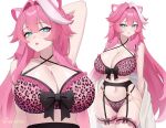 1girl arm_behind_head big_breasts black_bow black_garter_belt blue_eyes blush bow bow_bra bra breasts cleavage female_only garter_belt hololive hololive_english leopard_print_bra leopard_print_panties long_hair panther_ears panther_girl panties pink_bra pink_hair pink_panties raora_panthera smile solo_female streaked_hair thighlet virtual_youtuber vtuber white_hair