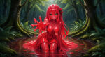 1girl ai_generated big_breasts breasts ember_paradox female_only green_eyes in_water indie_virtual_youtuber long_hair necklace on_knees outside puddle red_hair red_rose rose skirt slime_girl smile solo_female trees virtual_youtuber vtuber woods