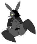  1nonbinary ambiguous_gender arm_hair black_hair black_pubic_hair chest_hair flat_chested furry goth grey_fur hair_over_one_eye jacket jacket_open lagomorph legs_spread lgbt nonbinary nonbinary_(lore) original_character partially_clothed pubes_exposed pussy pussy_hair rabbit sitting small_breasts stockings trans_(lore) yellow_eyes 