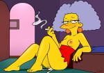 1girl 20th_century_studios after_sex after_vaginal blush breasts_outside cigar cigarette cosplay earrings female_focus fox_corporation lisa_simpson_(cosplay) lisawakeman looking_at_viewer nipples on_floor pleasure_face purple_hair room selma_bouvier sitting the_simpsons yellow_skin