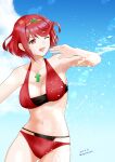  1girl 1girl :d alluring alternate_costume big_breasts bikini black_bikin chest_jewel cleavage cowboy_shot day female_focus high_res navel nayuta-kanata nintendo one_eye_closed open_mouth outside pyra_(xenoblade) red_bikini red_eyes red_hair short_hair sky smile splashing swept_bangs swimsuit tiara xenoblade_(series) xenoblade_chronicles_2 