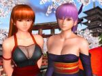 2girls 3d ayane ayane_(doa) babe bare_shoulders big_breasts breasts brown_eyes brown_hair cleavage collarbone dead_or_alive hair kasumi kasumi_(doa) long_hair looking_at_viewer multiple_girls neck outside purple_hair red_eyes short_hair siblings sisters team_ninja tecmo upper_body