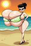 ai_generated beach big_ass bikini black_hair breast_expansion earrings gigantic_breasts josephine_clench naughty_face samurai_jack self_upload smirk stable_diffusion