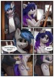  1girl absurd_res anthro blue_mane blue_tail border bottomwear breast_grab breasts brush chest_tuft clothed clothed/nude clothed_male_nude_female clothing comic cutie_mark detailed_background dialogue duo easel english_text equid equine fan_character friendship_is_magic fully_clothed fur furry grey_body grey_fur hand_on_breast hand_on_butt hasbro high_res horse inner_ear_fluff jacket jewelry kyran_(oc) lispp male mammal mane my_little_pony necklace nude paintbrush pants pegasus pony purple_mane purple_tail smile star_painter text topwear tuft white_border wings 