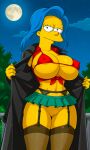  erect_nipples_under_clothes huge_breasts looking_at_viewer marge_simpson micro_bra microskirt no_panties ready_to_fuck shaved_pussy stockings the_simpsons thighs 