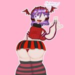  1girl 1girl absurd_res ass ass_focus curiousleviathan english_text from_behind head_wings looking_back middle_finger notchi_(internetiotisstrange) open_mouth panties pink_background purple_eyes purple_hair red_panties short_hair simple_background skirt smile speech_bubble stockings striped striped_skirt striped_thighhighs thick_thighs thighs underwear wings 