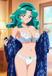  1girl adult_swim alluring big_breasts bishoujo_senshi_sailor_moon bishoujo_senshi_sailor_moon_s bishoujo_senshi_sailor_moon_s_the_movie bishoujo_senshi_sailor_moon_supers bishoujo_senshi_sailor_moon_supers_the_movie blue_eyes bra lingerie michiru_kaiou open_robe panties teal_hair toei_animation toonami underwear viz_media wolf_(artist) 