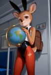 1girl ai-generated ai_generated backpack brown_eyes brown_fur bunny_ears cub deer_girl earrings fake_bunny_ears female_focus furry furry_female globe looking_at_viewer original original_character small_breasts younger_female