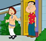  biting_lip breasts brunette collar cuffs door_step edit family_guy glenn_quagmire lipstick meg_griffin micro_skirt mini_skirt navel necktie nipples semi_nude shoes socks stockings thigh_high_stockings tie 