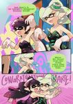 2girls :d :o ^_^ aori_(splatoon) arm arms art babe bare_arms bare_shoulders black_dress black_hair breasts cleavage closed_eyes comic detached_collar domino_mask dress english fangs gloves green_dress hair hair_ornament happy hotaru_(splatoon) hugging inkling long_hair looking_at_another mask mole mole_under_eye multiple_girls neck nintendo open_mouth pointy_ears purple_dress purple_hair short_hair shy siblings silver_hair sisters smile speech_bubble splatoon strapless strapless_dress talking tentacle_hair upper_body white_gloves wong_ying_chee wong_ying_chee_(artist) yellow_eyes yuri