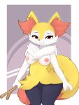 1girl 1girl 2017 anthro areola braixen breasts canid canine dipstick_tail eyelashes fur holding_object inner_ear_fluff looking_at_viewer mammal multicolored_body multicolored_fur multicolored_tail nintendo nipples pinkcappachino pokémon pokémon_(species) pussy smile stick tuft video_games