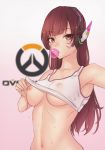  1girl armpits belly blizzard_entertainment blush breasts brown_eyes brown_hair bubblegum clothes_pull d.va d.va_(overwatch) erect_nipples erect_nipples_under_clothes eyebrows eyebrows_visible_through_hair facial_mark female_only groin hair hana_song headphones high_resolution kubo_(artist) logo long_hair looking_at_viewer midriff navel nipples overwatch shirt_lift sweat underboob 