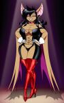 1girl bat big_ass big_breasts black_hair crovirus earring gloves lingerie long_ears long_hair necklace platform_boots posing seductive sexy smile thighs wings